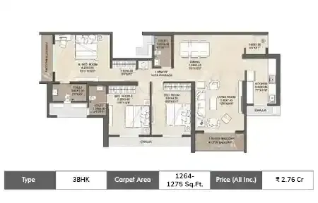 Dosti West County 3 BHK floor plan, 1264 sq ft carpet area