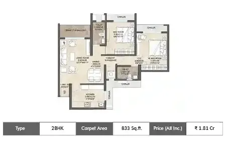 Dosti West County 2 BHK floor plan, 833 sq ft carpet area