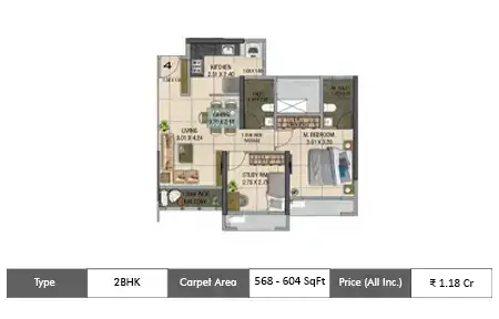 Dosti West County 2 BHK floor plan, 568 sq ft carpet area