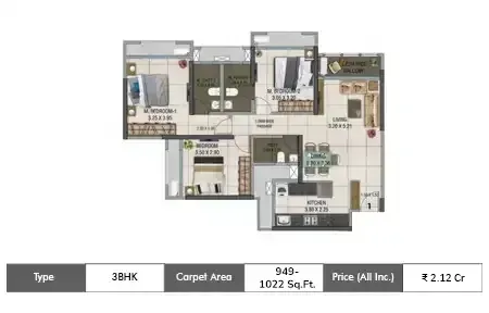 Dosti West County 3 BHK floor plan, 949 sq ft carpet area